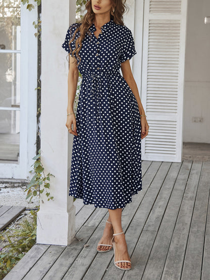 New women's all-match shirt collar polka dot waist waist dress