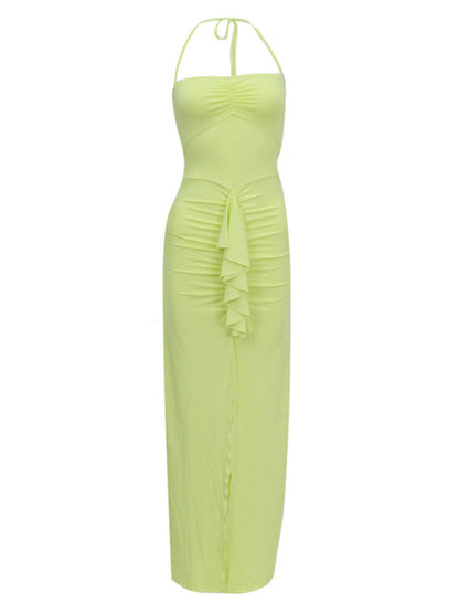 Women's new style halterneck lace-up slim-fit fungus pleated slit hot girl style dress
