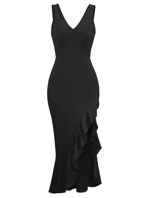 New V-neck sleeveless ruffled hem dress