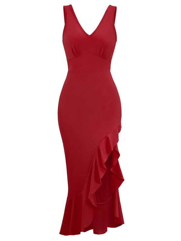 New V-neck sleeveless ruffled hem dress