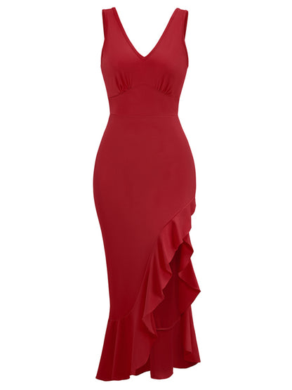 New V-neck sleeveless ruffled hem dress