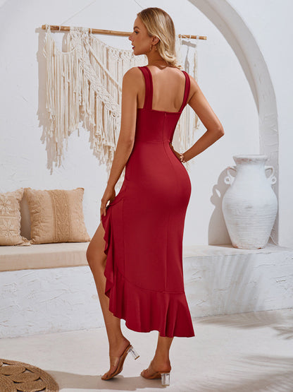 New V-neck sleeveless ruffled hem dress