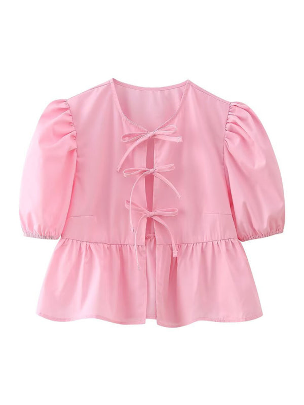 New women's hottie fashion slim fit strappy puff sleeve short sleeve shirt top