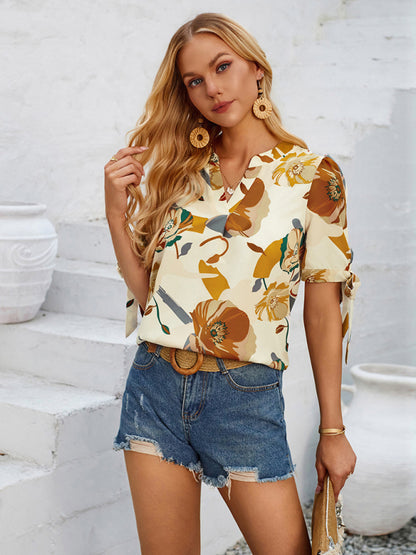 New fashionable printed casual V-neck knotted top
