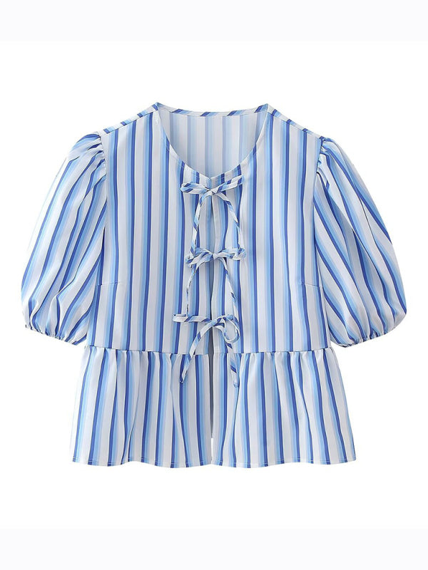 Fashionable, casual and versatile multi-color puff sleeve lace-up top