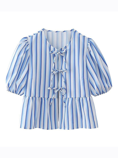 Fashionable, casual and versatile multi-color puff sleeve lace-up top