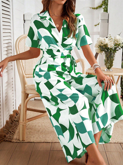 Women's Temperament Short Sleeve Contrast Color Print High Waist Jumpsuit