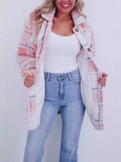 New multi-color plaid warm lapel jacket fashionable and versatile long-sleeved coat