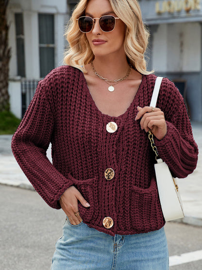 New solid color thick needle sweater jacket loose soft lazy style knitted cardigan