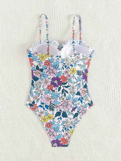 Sexy one-piece swimsuit with bowknot floral print