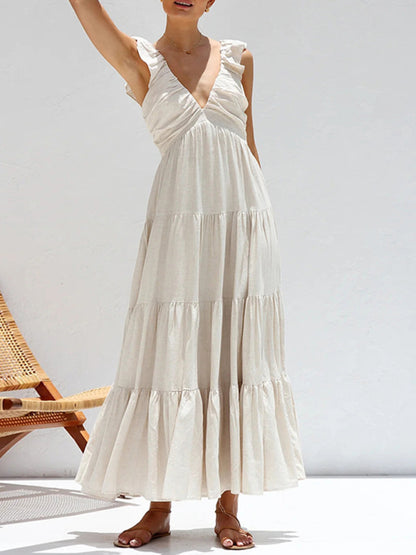 V-neck sexy sleeveless solid color suspender holiday beach dress