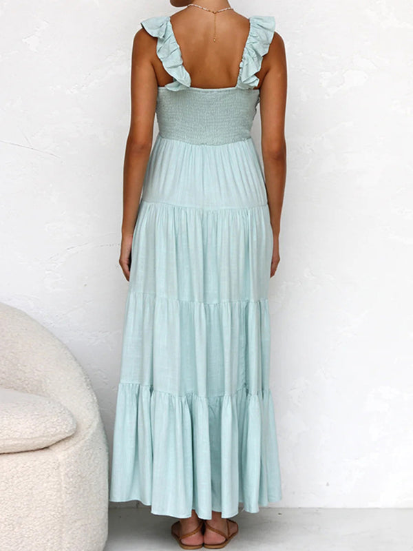 V-neck sexy sleeveless solid color suspender holiday beach dress
