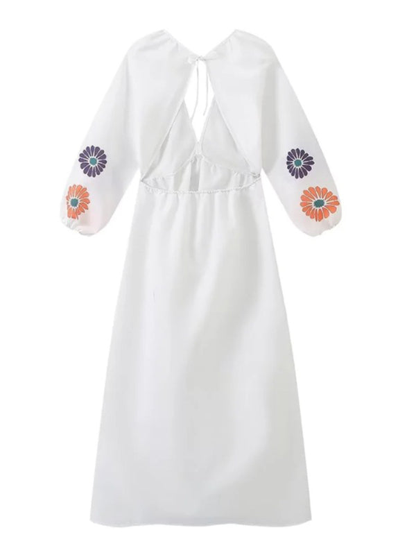 Women's V-neck printed long-sleeved backless dress