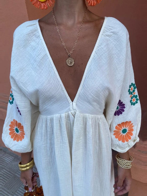 Women's V-neck printed long-sleeved backless dress