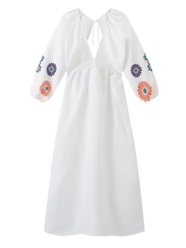 Women's V-neck printed long-sleeved backless dress