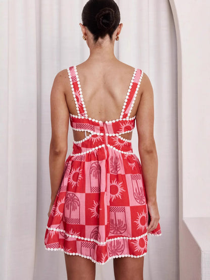 Women's suspender print decoration lace waist-baring sexy dress