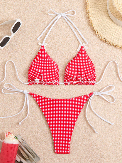 New style lace-up bikini plaid print multi-color swimsuit