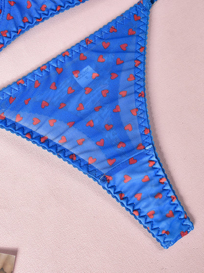Valentine's Day heart-shaped print see-through sexy temptation three-point sexy underwear set
