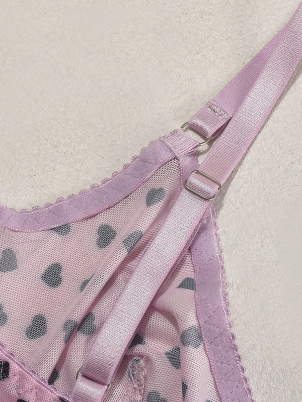 Valentine's Day heart-shaped print see-through sexy temptation three-point sexy underwear set