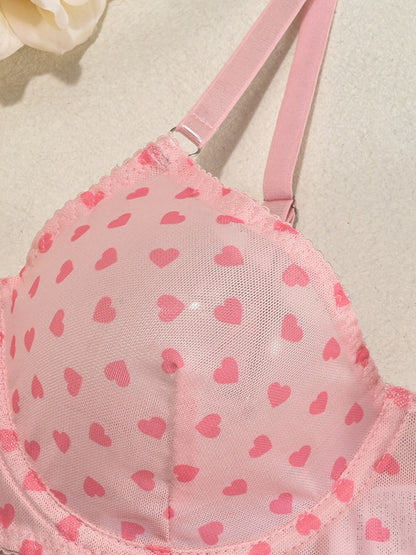 Valentine's Day heart-shaped print see-through sexy temptation three-point sexy underwear set