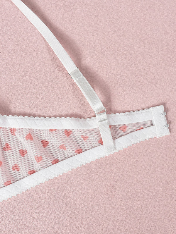 Valentine's Day heart-shaped print see-through sexy temptation three-point sexy underwear set