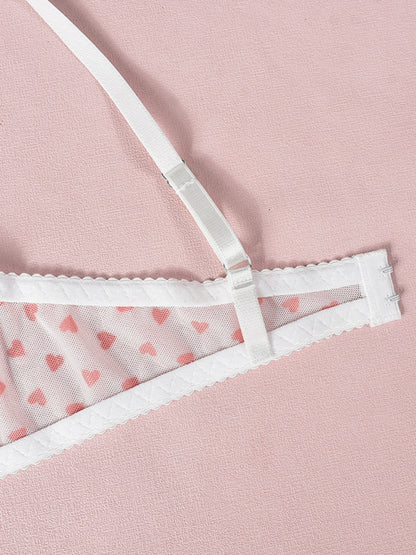 Valentine's Day heart-shaped print see-through sexy temptation three-point sexy underwear set