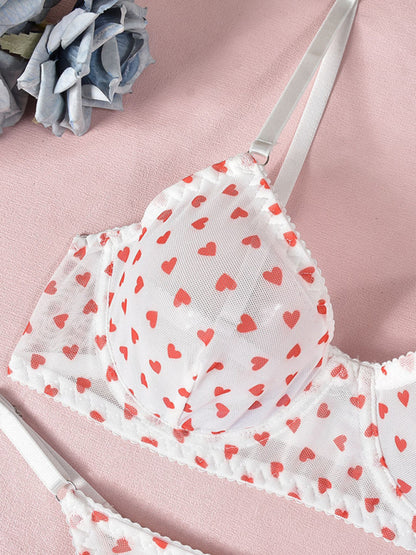 Valentine's Day heart-shaped print see-through sexy temptation three-point sexy underwear set