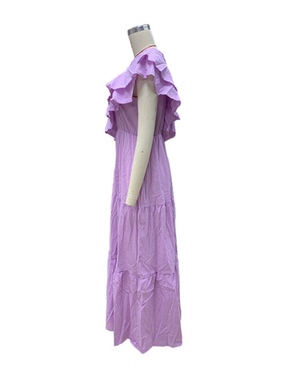 Fashion solid color off-shoulder lotus leaf collar dress