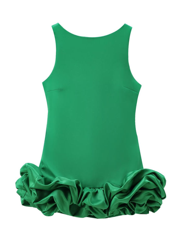 New Fashion Fabric Patchwork Bubble Hem Sleeveless Short Dress