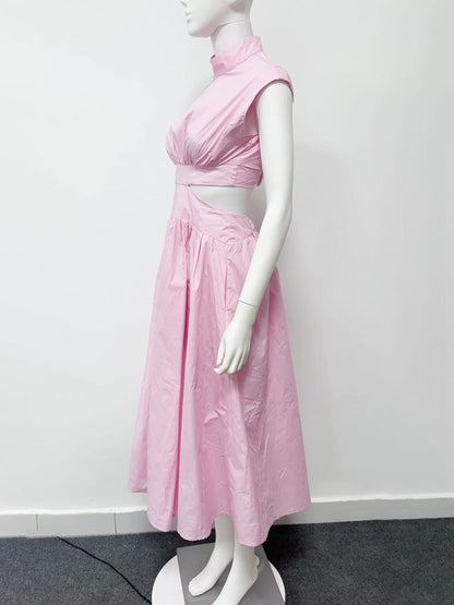 New simple style stand collar sleeveless hollow design solid color women's dress