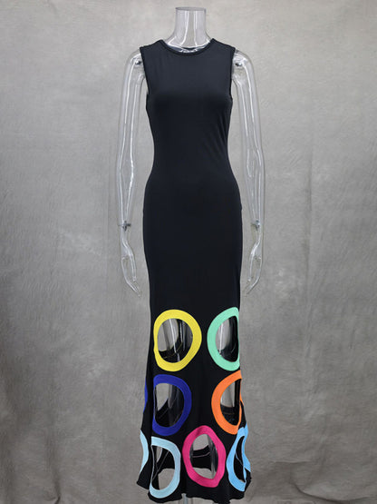 New Fashion Round Neck Sleeveless Colorblock Hollow Embroidery A-Line Long Dress