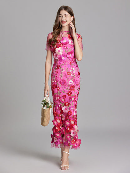 Ladies new three-dimensional flower mesh embroidery waist and hip dress