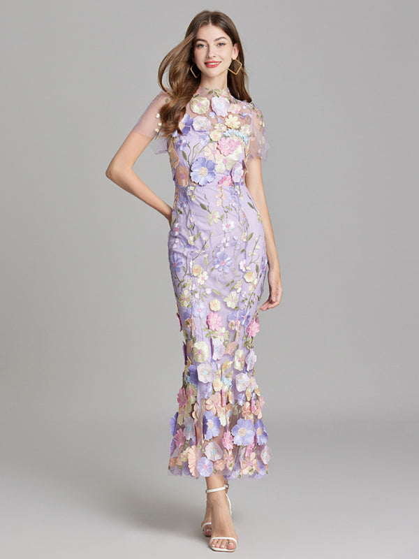 Ladies new three-dimensional flower mesh embroidery waist and hip dress
