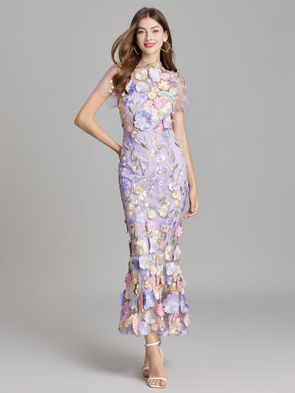 Ladies new three-dimensional flower mesh embroidery waist and hip dress