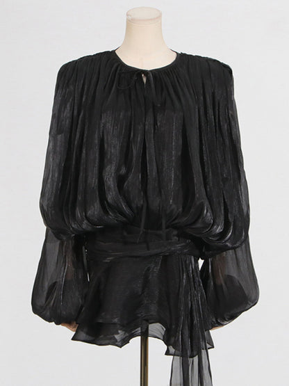 Hollow Pleated Ribbon Dress
