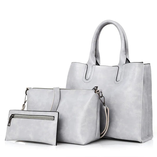 Women Fashion Oil Wax Leather Oblique Bag Large Capacity Wallet Handbag Set